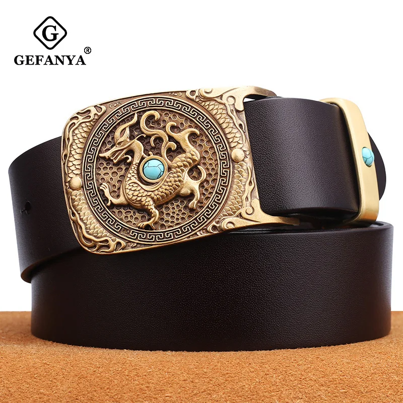 Мужской винтажный ремень GEFANYA из натуральной воловьей кожи с гладкой пряжкой
