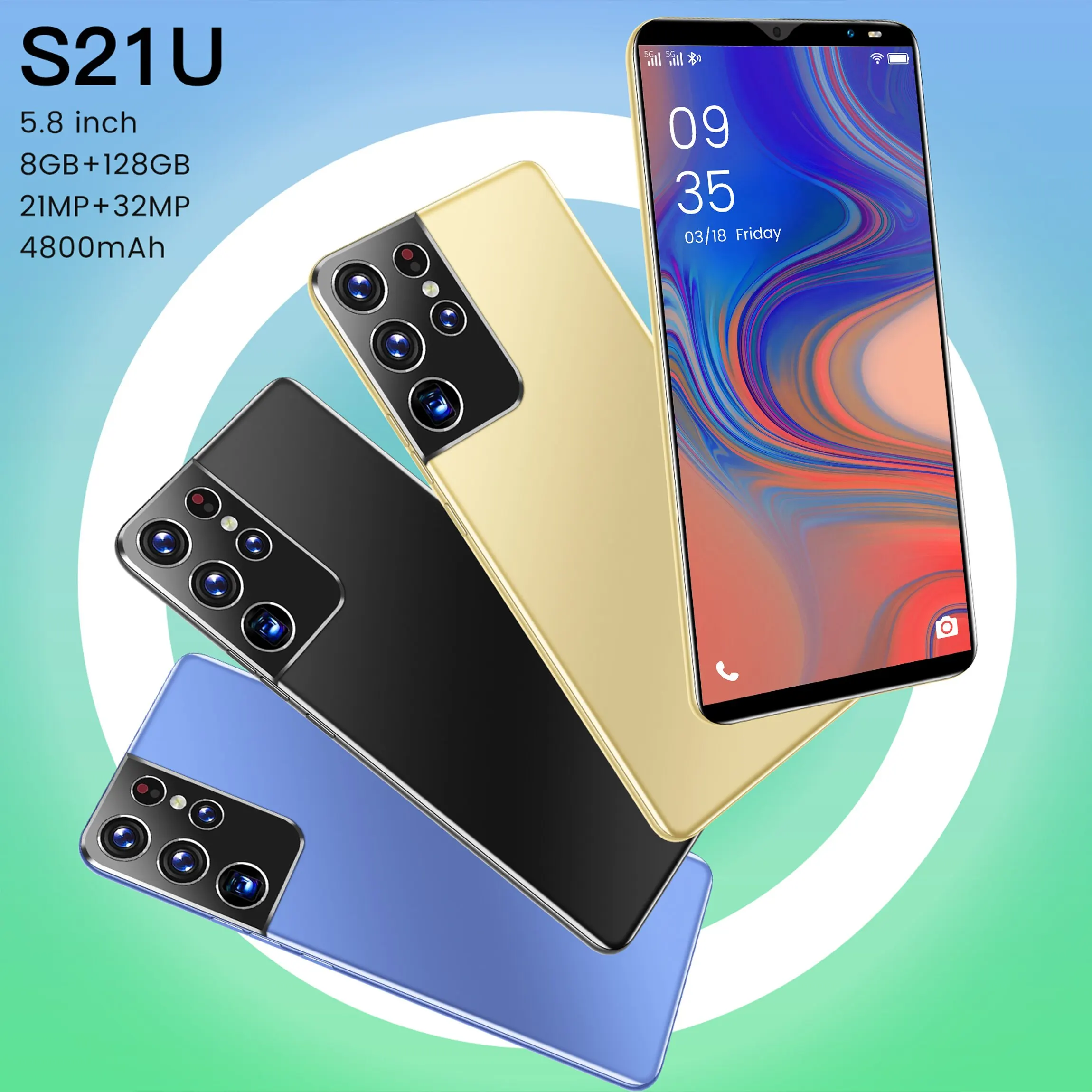 

S21U 5.8 Inch 4800mAh Smartphone Android 8+128gb Fingerprint Id Smart Phone Global 4g lTE 5g 21+32Mp Double Sim Cell Phones