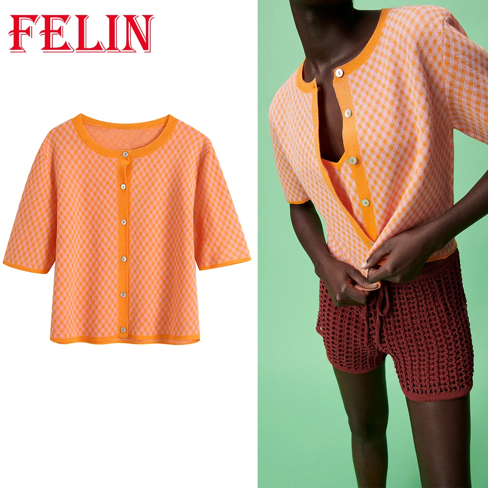 

Женская винтажная рубашка Za, оранжевая Свободная рубашка в клетку, на пуговицах, из 100% полиэстера