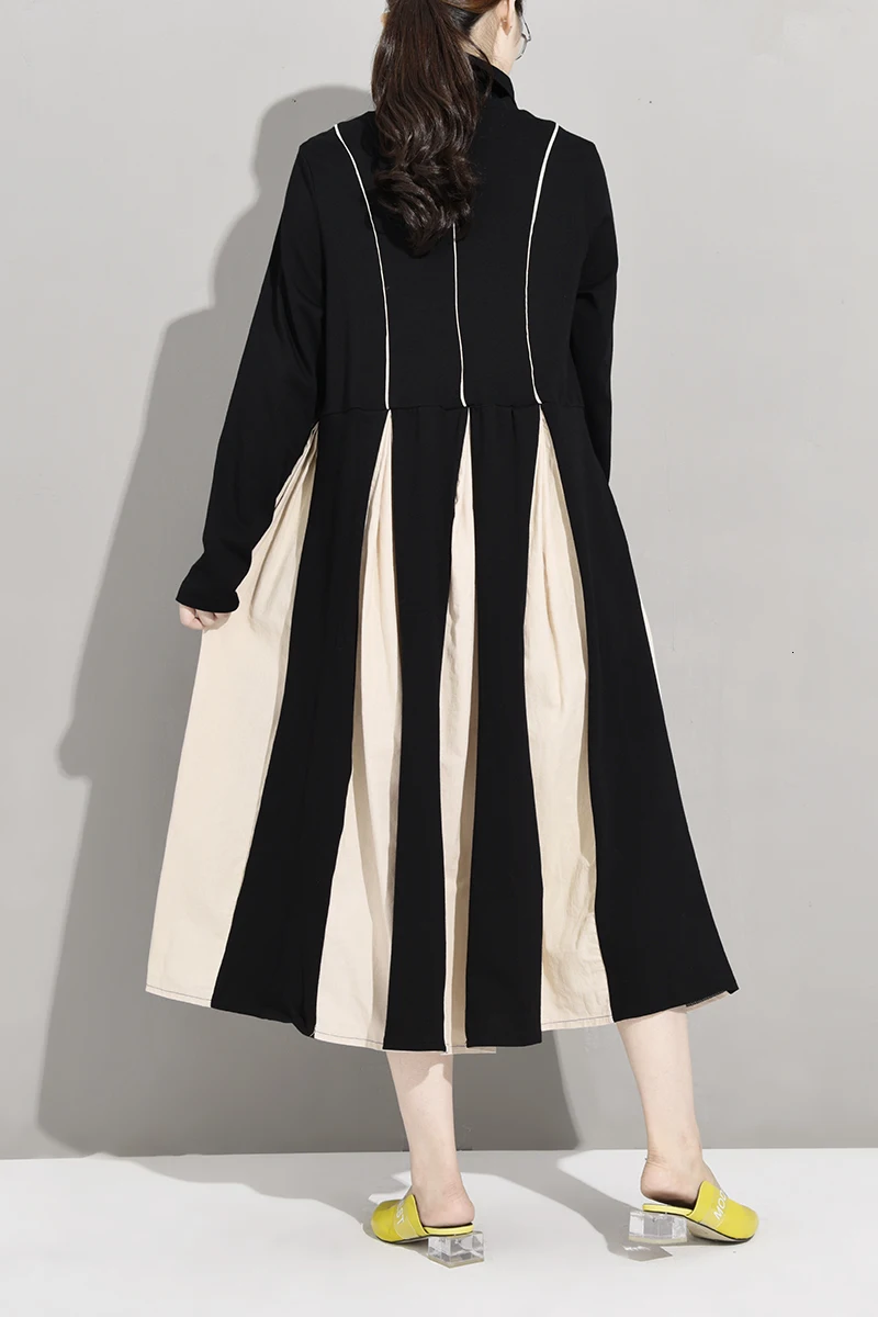 [EAM] женское Черное контрастное платье с разрезом, новинка, высокий воротник, длинный рукав, свободный крой, мода, весна-осень JL7220