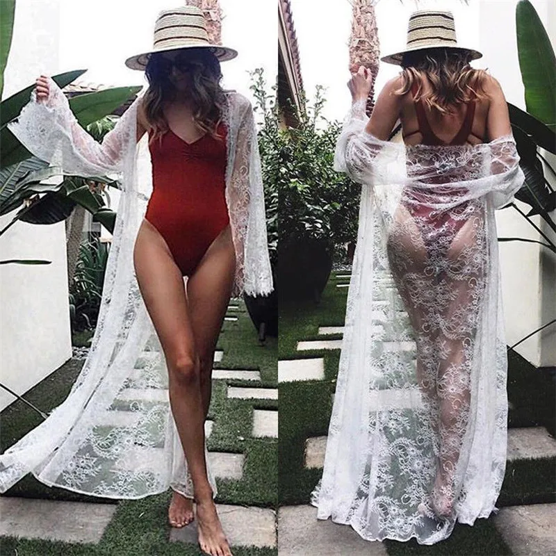Кружевной пляжный длинный кардиган накидка для женщин и девочек бикини