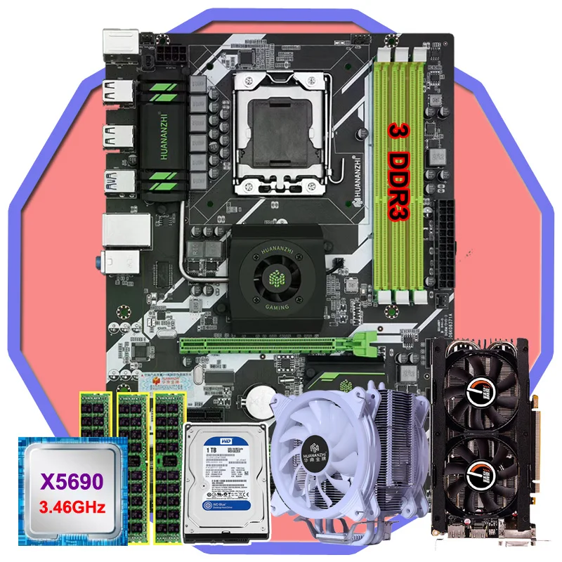 Online Neue Ankunft HUANANZHI X58 Deluxe Motherboard Set Mit CPU Xeon X5690 CPU Kühler RAM 48G(3*16G) RECC Video Karte GTX970 4G 1TB HDD