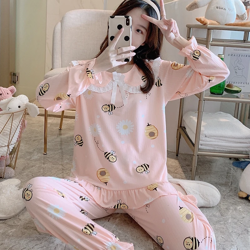 

Женский пижамный комплект с длинным рукавом, кружевной пижамный комплект принцессы с милым мультяшным принтом пчелы и круглым вырезом, оде...