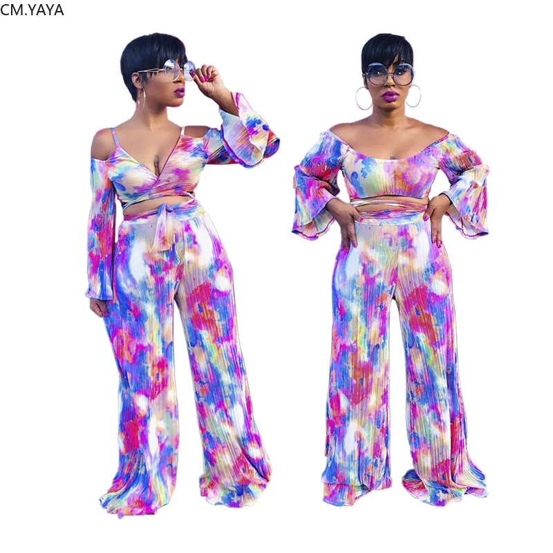 Женский шифоновый костюм с расклешенным топом длинным рукавом и прямыми