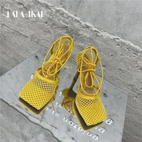 lala ikai sexy multicolor yellow mesh pumps sandals female square toe high heel lace up cross tied stiletto hollow dress shoes