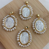 new oval medal virgin mary pendants charms for jewelry making religiou necklace metal freshwater pearl mop shell