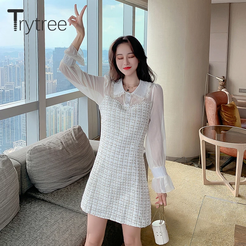 Женское платье с круглым воротником рукавом бабочкой и воланом|Женские платья| |