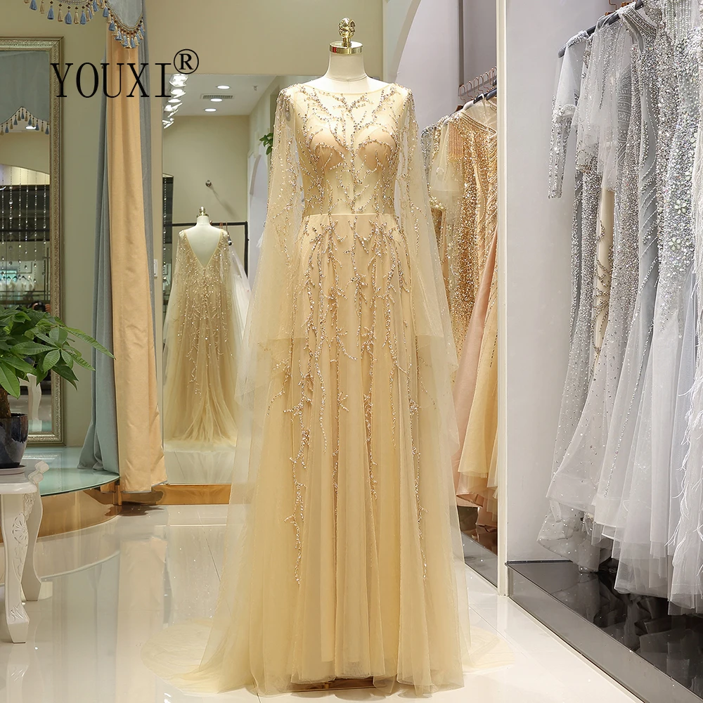 

YOUXI Dubai Silver Gold Crystal Beaded Arabic Evening Dress with Cape Sleeve Long Real Photos Women Formal Dinner Party Dresses