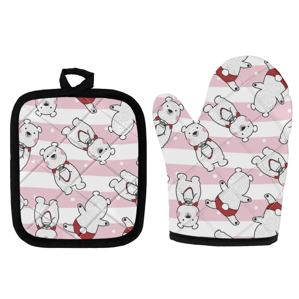 

2Pcs Mitts White Bear Print Baking Anti-Hot Gloves Pad Oven Microwave Gloves Pot Mat Insulation Mat Xmas Home Decor Accessories