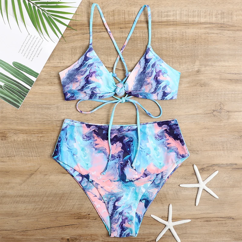 

Summer Sexy Bikini 2021 Women Swimwear Two Piece Print Fashion Geometric Starry Sky Sling Halter High Waist Swimwear Beachwear