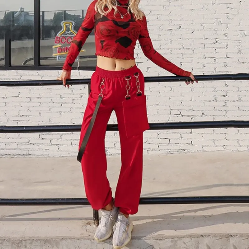 NoEnName_Null пояс Штаны с высокой посадкой Для женщин 2019 осень эластичная резинка на