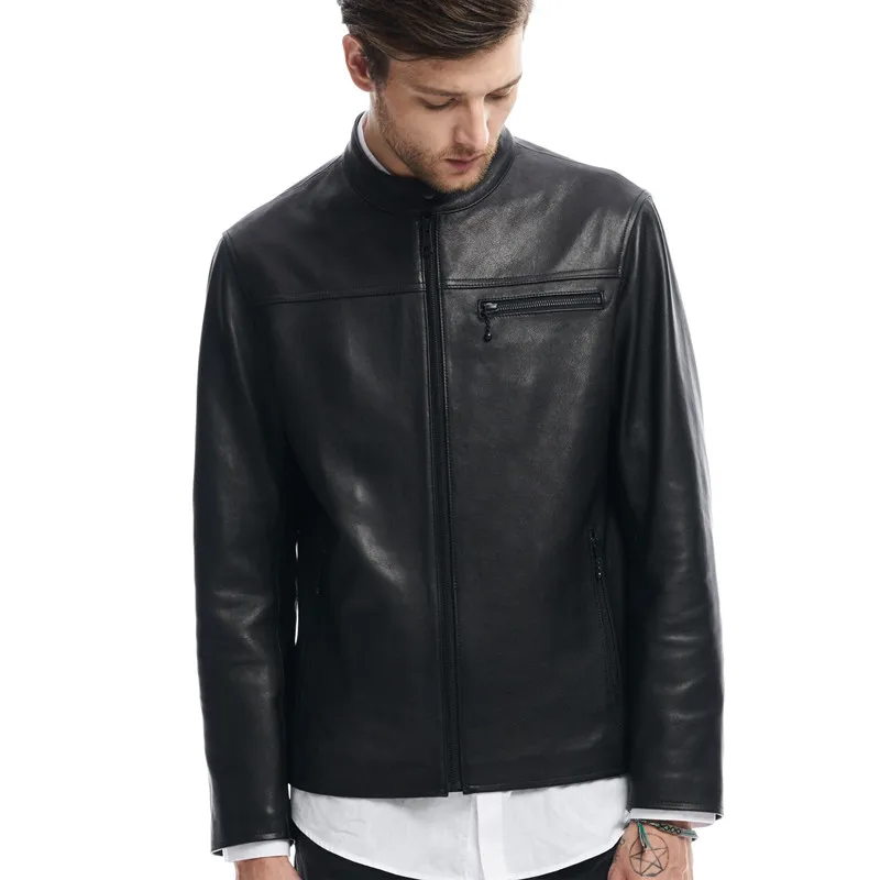 arrivals men's stand collar new genuine simple style casual motorcycle jacket hight quality leather coat |