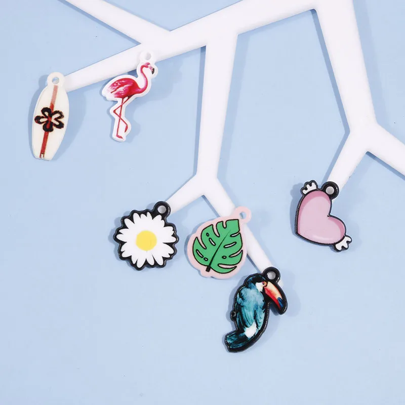 

Summer style 50pcs/lot cartoon flowers/hearts/animals pattern print acrylic beads diy jewelry earring/garment pendants accessory