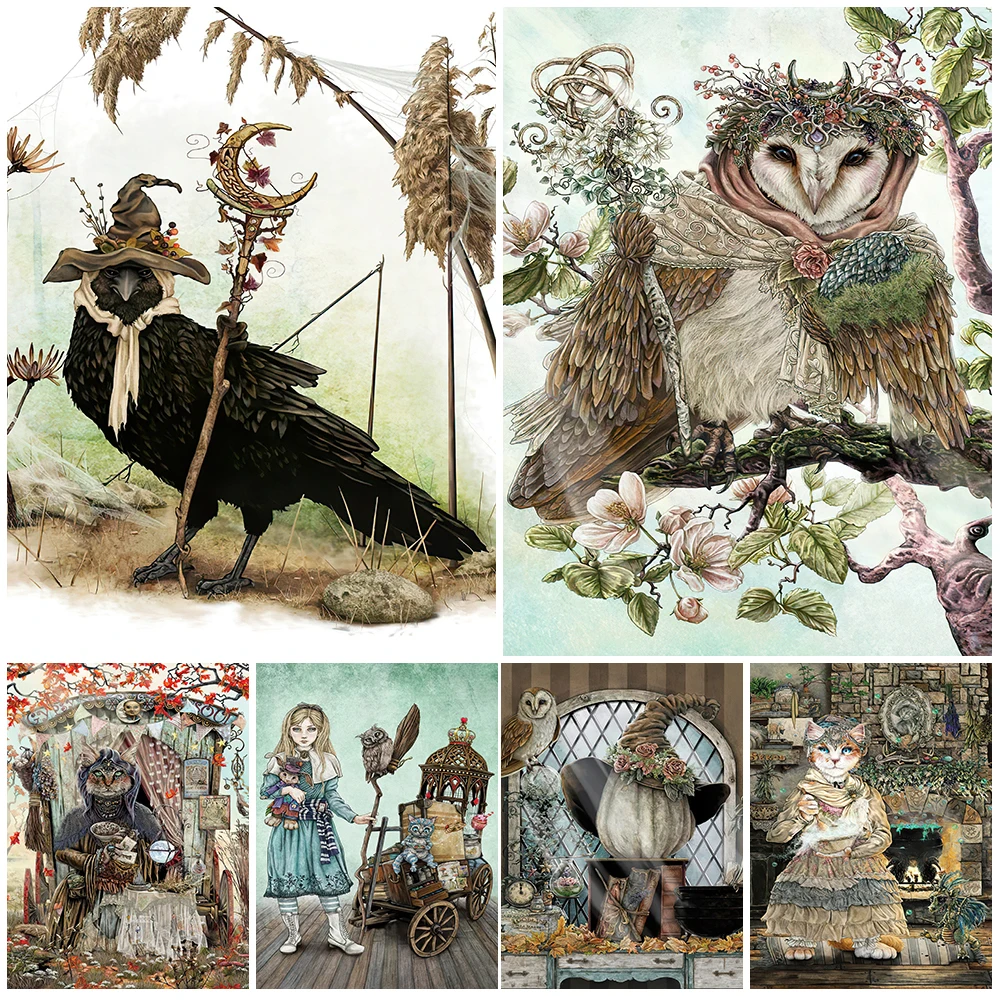 

Wonderland Of Witch Forest Art Poster And Prints The Gypsy Fortune Cat Wall Art Crow Of The Forest ​Canvas Painting Home Decor