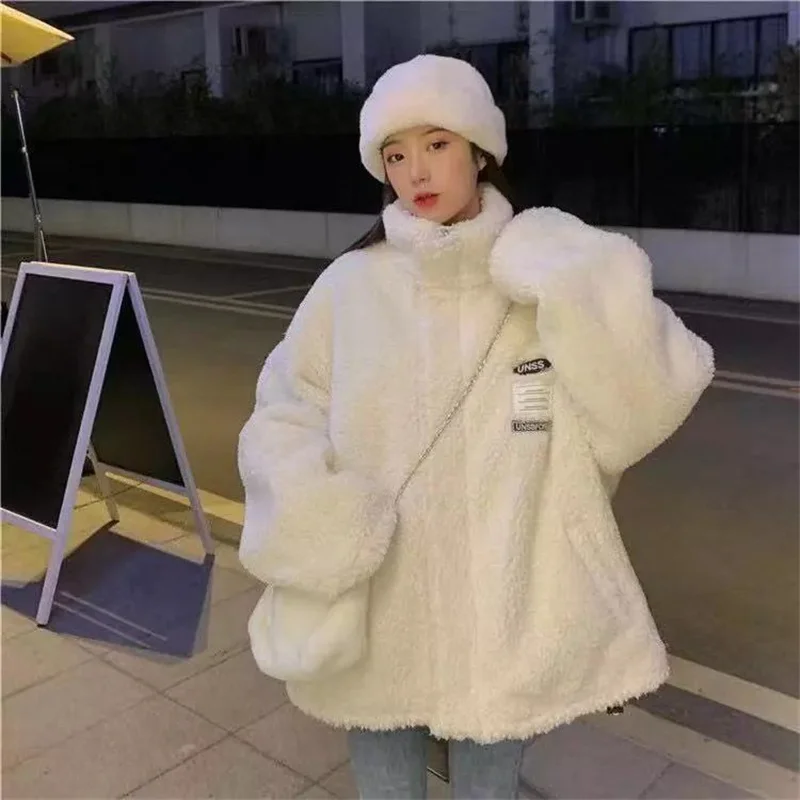 Lamb wool coat female autumn and winter all-match 2021 new Korean loose students lazy style thick cotton coat cotton clothing ti