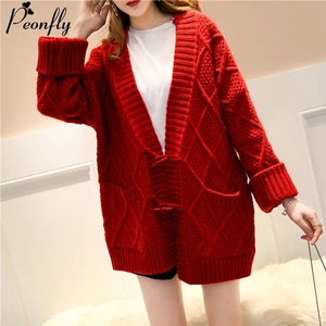 Женский трикотажный кардиган с карманами PEONFLY, красный длинный свитер с длинным рукавом в винтажном стиле, Осень-зима 2019