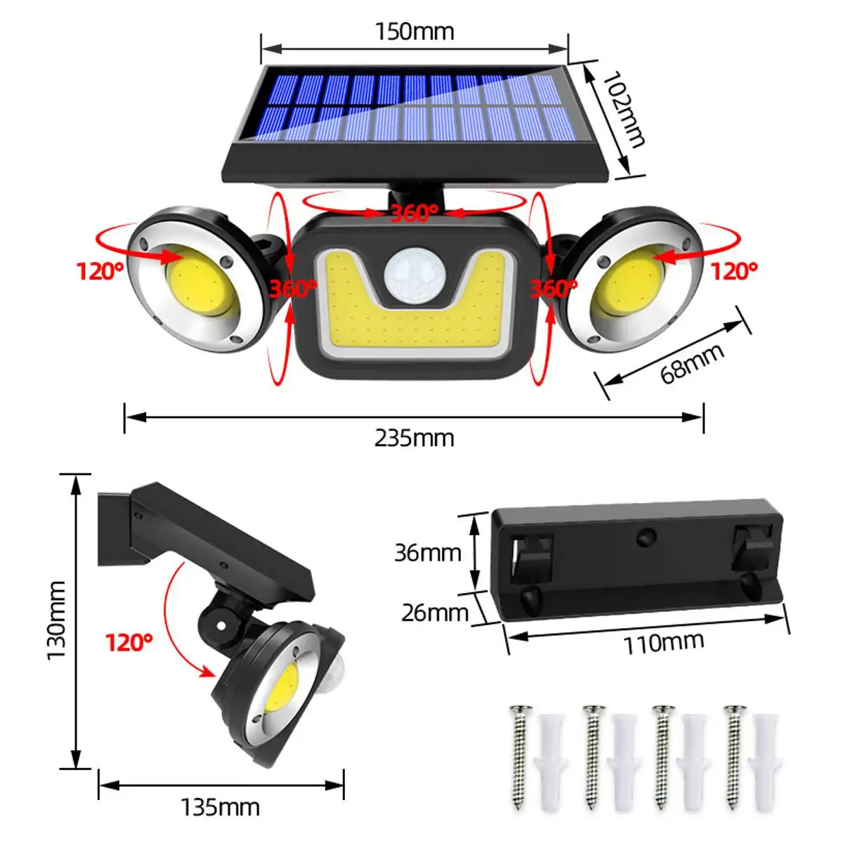 

83COB Dual Head Solar wall Light Radar Sensor COB wall lamp Spotlight Outdoors Solar Garden Light Yard LED Lamp Waterproof