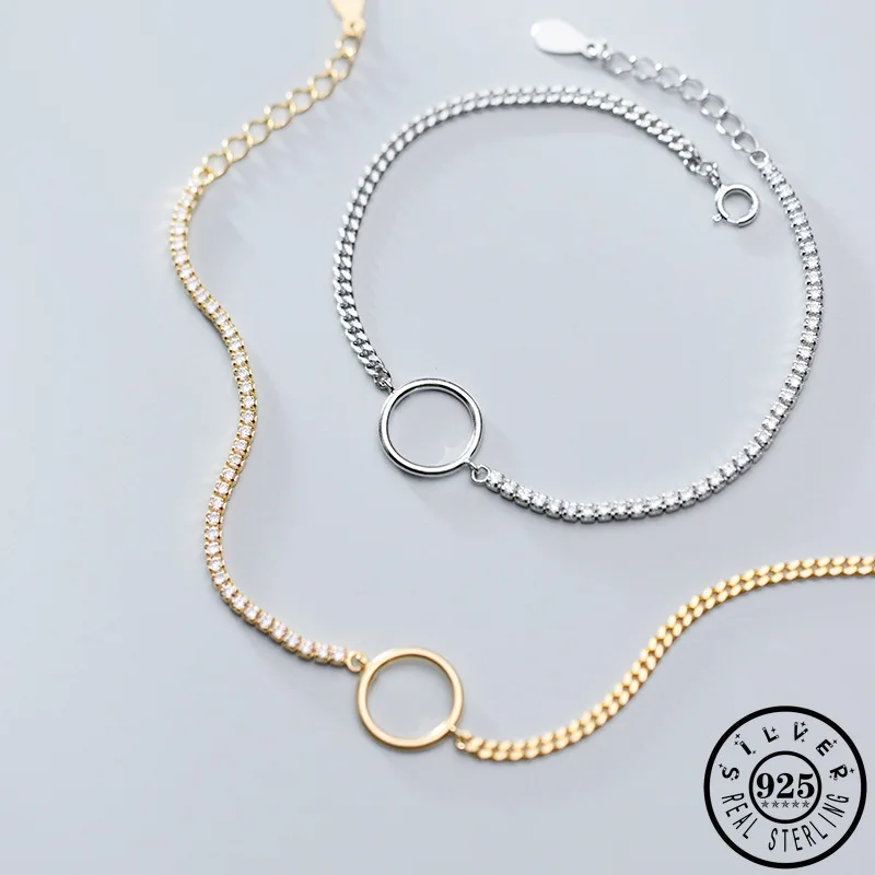 Trendy 925 Sterling Silver Geometric Round Shape Gold Color Plated Chain Statement Hand Zircon Bracelets Jewelry Gifts for Women | Украшения