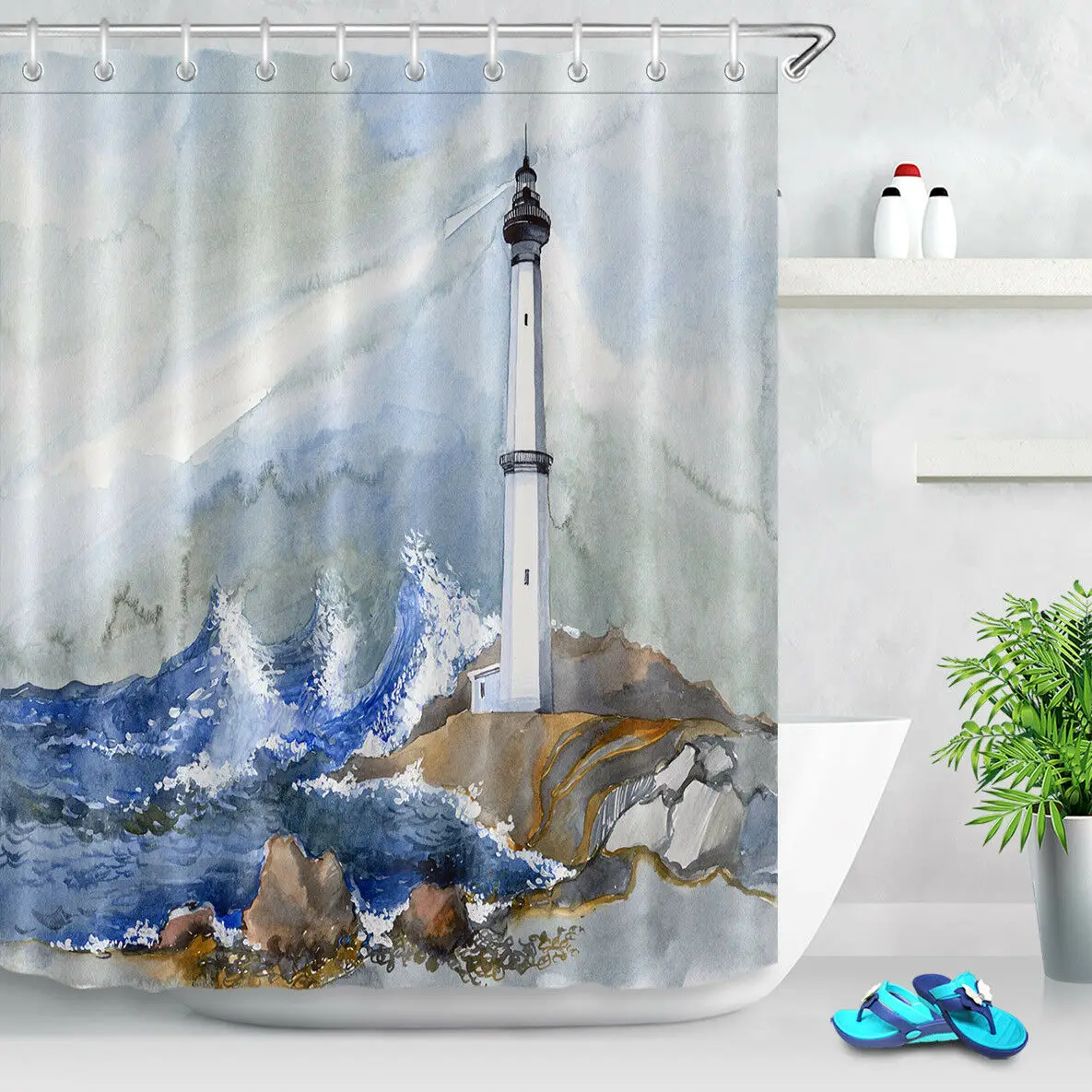 

100% Polyester Fabric Oil Painting Seaside Lighthouse Shower Curtain Bath Custom