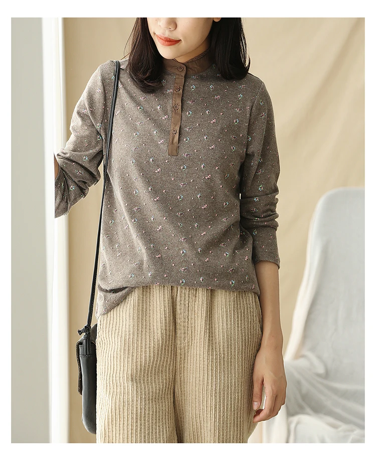 

Rustic little flowers print lacing stand collar long sleeve cotton basic t-shirt tee autumn winter