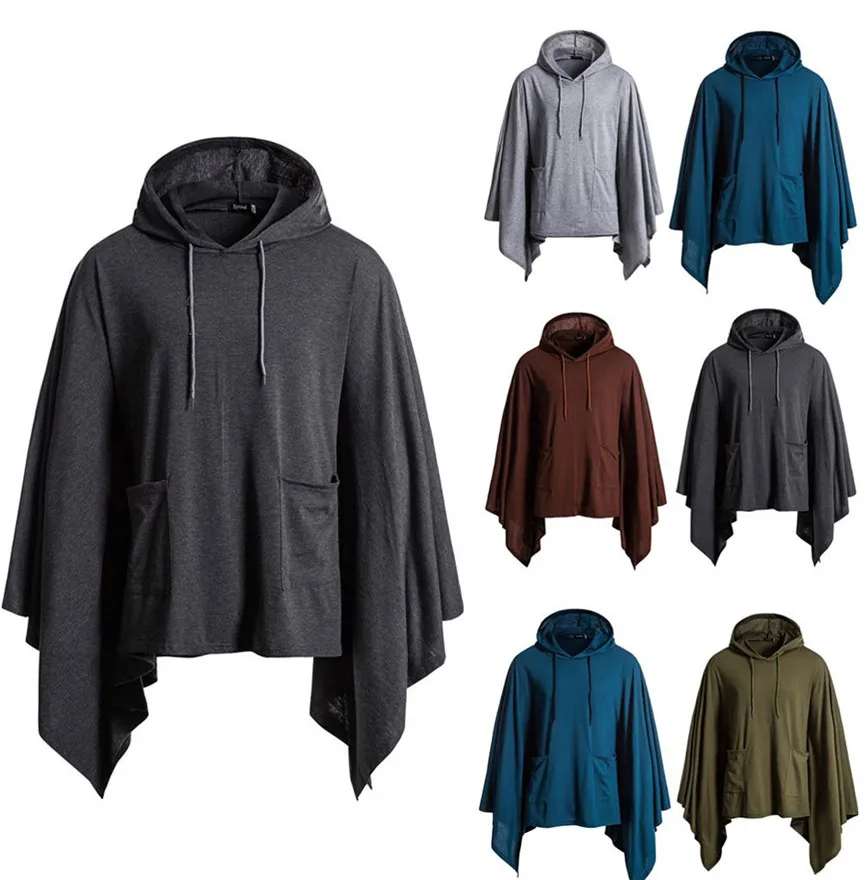 Mens Pocket Irregular Patchwork Hooded Loose Bat Sleeves Hooded Cloak Cape Coat Poncho Outwear Tops Knitting Hoodies Sleeve