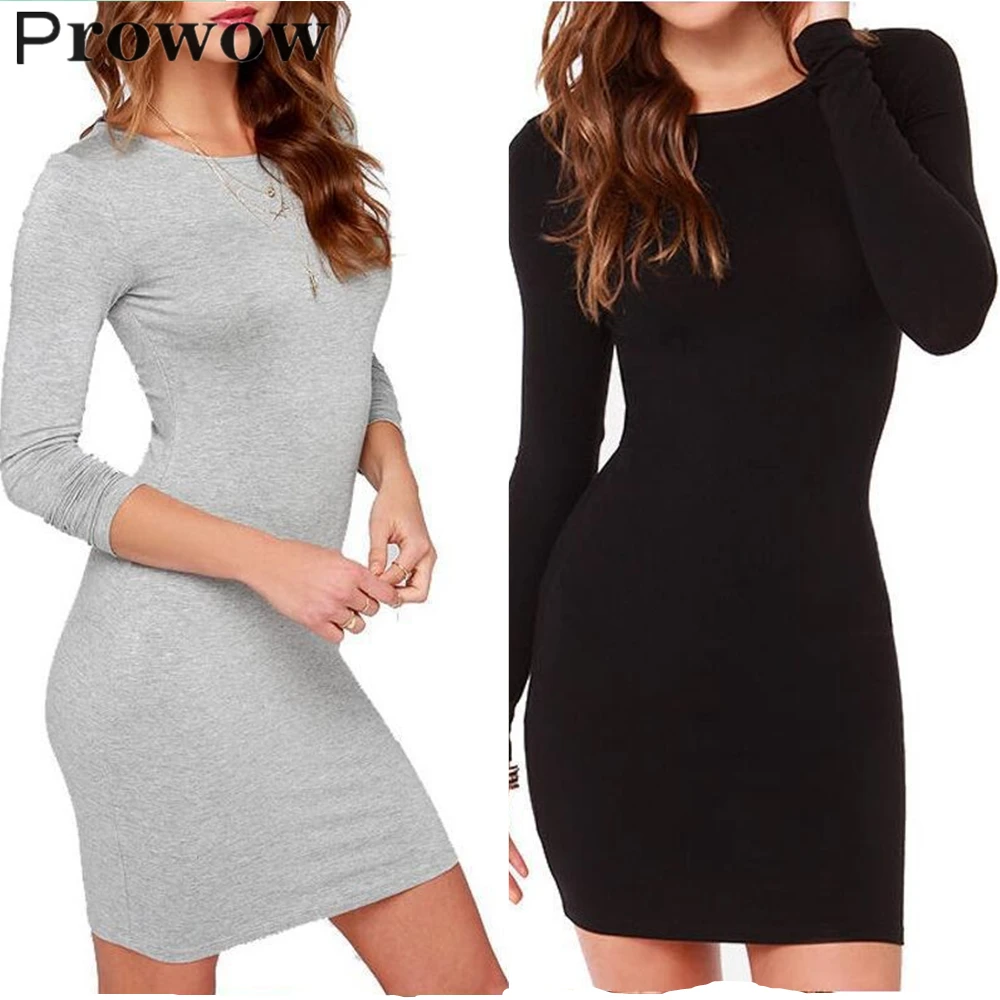 

Prowow Solid Women Dress Spring Autumn Casual Simplicity Streetwear Long Sleeve Slim All-match Base Dress O Neck Pullover Dreses