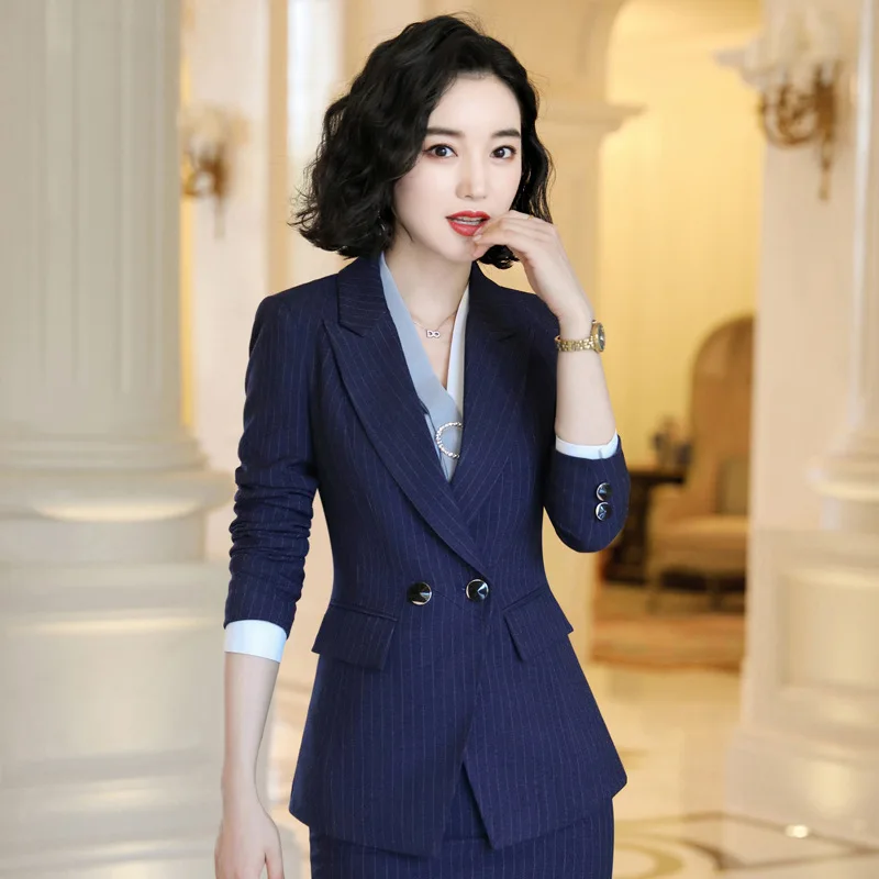 Женский офисный костюм с юбкой в полоску пиджак длинным рукавом и брюки одежда