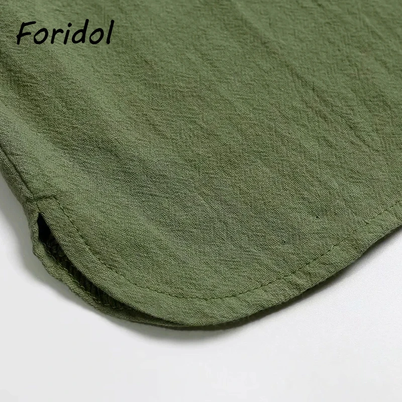 

Foridol Army Green Wide Leg Rompers Overalls 2021 Summer Button Up Sash Cotton Beach Casual Playsuits Turn Down Collar