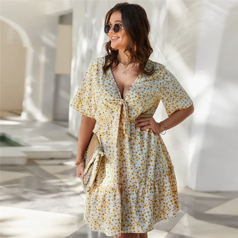 2021 de moda de verano de gran tamaño vestido Floral de las mujeres lazo sexi con cuello en V de playa vestido Casual vestido de chicas XL-4XL
