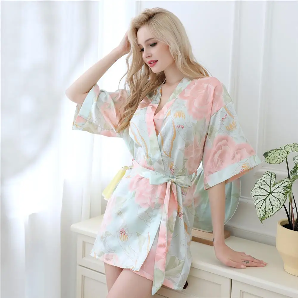 Лето Большой цветок пиона Тип шелковые свадебные утренний халат невесты кимоно