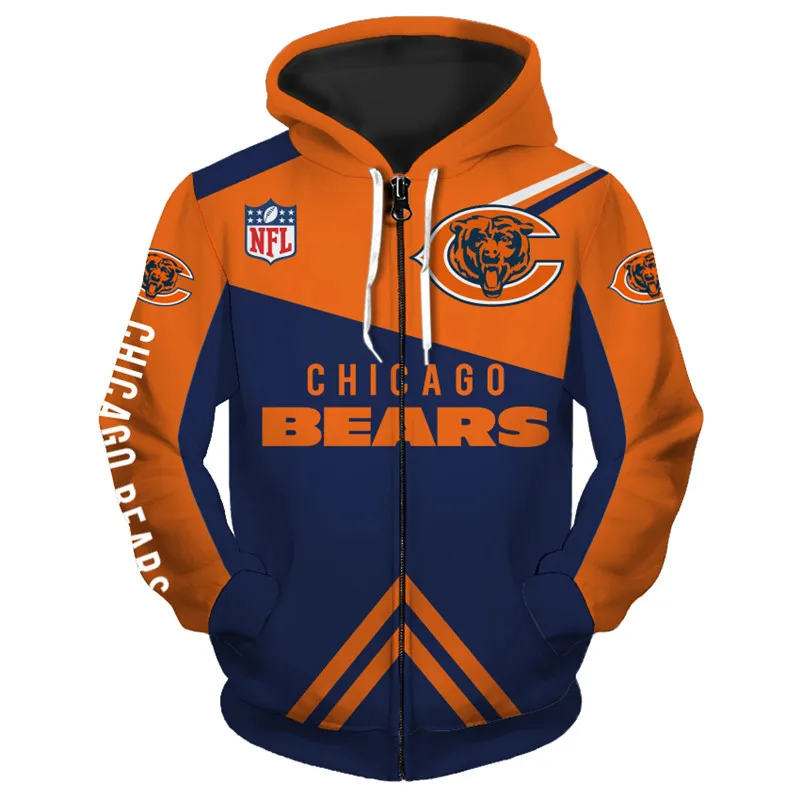

2021 Chicago Men's cool football sportswear Orange navy blue stitching letters cartoon bear print Bears 3D Zipper Hoodies