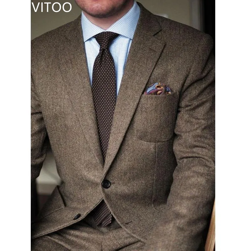 

2 Piece Brown Herringbone Tweed Casual Men Suits for Winter Wedding Groomsmen Tuxedo Male Set Jacket with Pants New Fashion