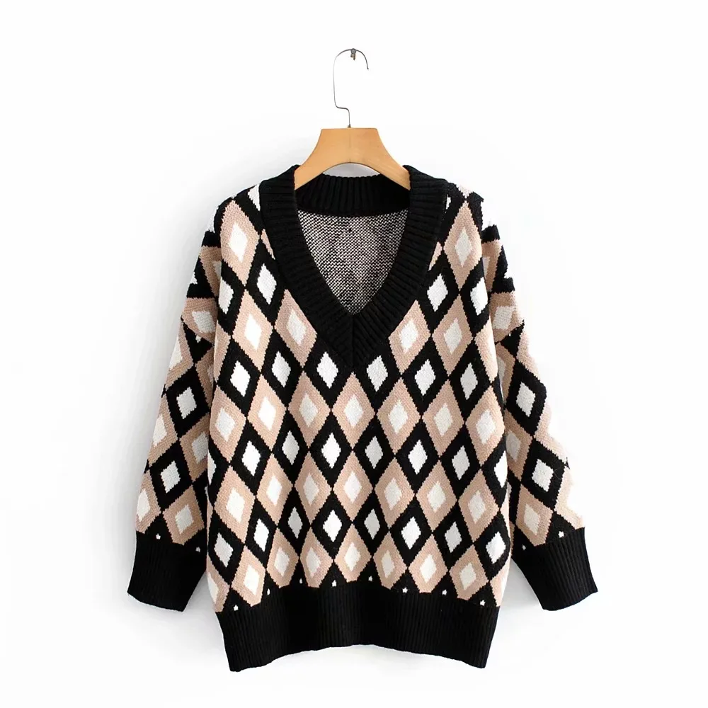 autumn winter fashion sweater pullover v neck women plaid oversize v-neck loose long sleeve school style ladies | Женская одежда