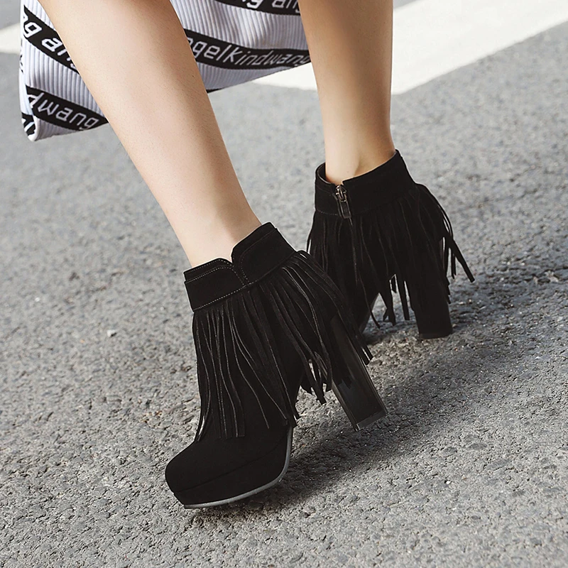 

ANMAIRON Super High Fringe Ankle Boots for Women Flock Round Toe Square Heel Solid Short Plush Winter Boots Creamy-white Boots
