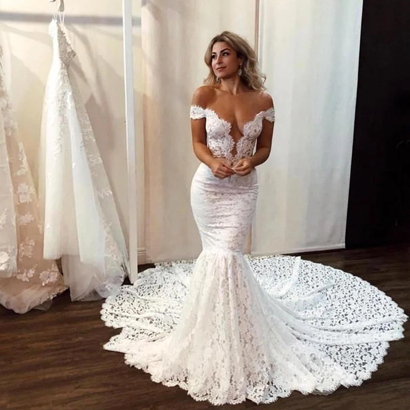 

Full Lace Long Sweep Mermaid Wedding Dresses Sexy Sweetheart Off Shoulder Vestidos De Novia Buttons Back Trumpet Bride Gowns