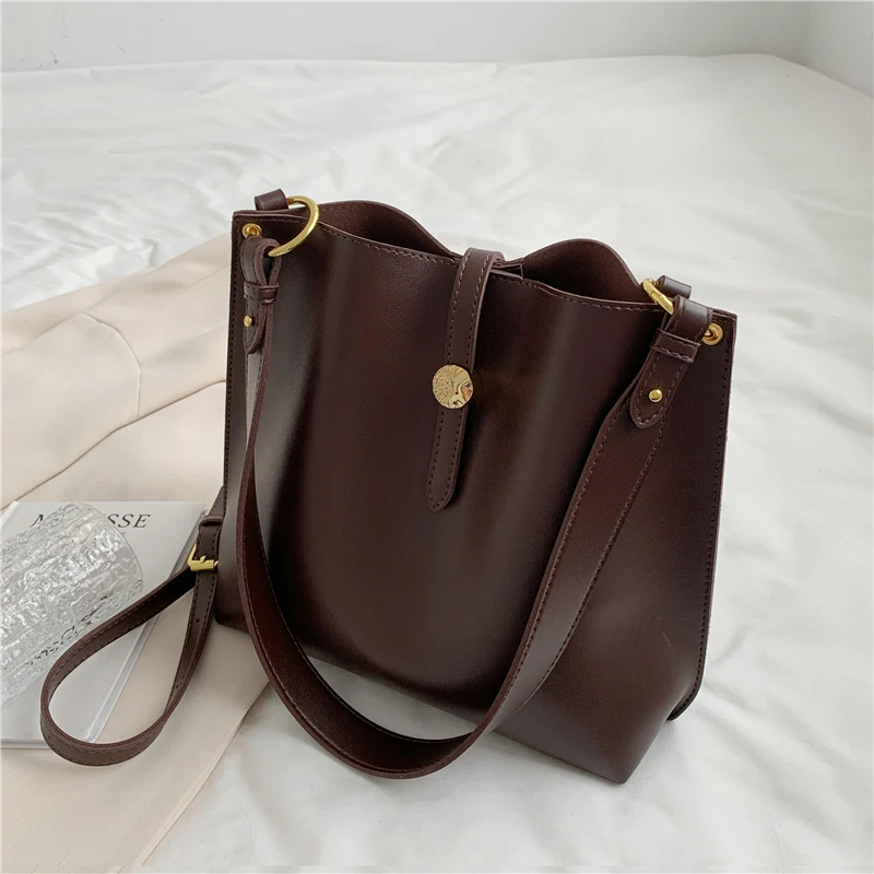 

Burminsa Vintage Bucket Soft Crossbody Shoulder Bags For Women Wide Strap Solid Color Brand Designer Ladies Handbags Autumn 2021