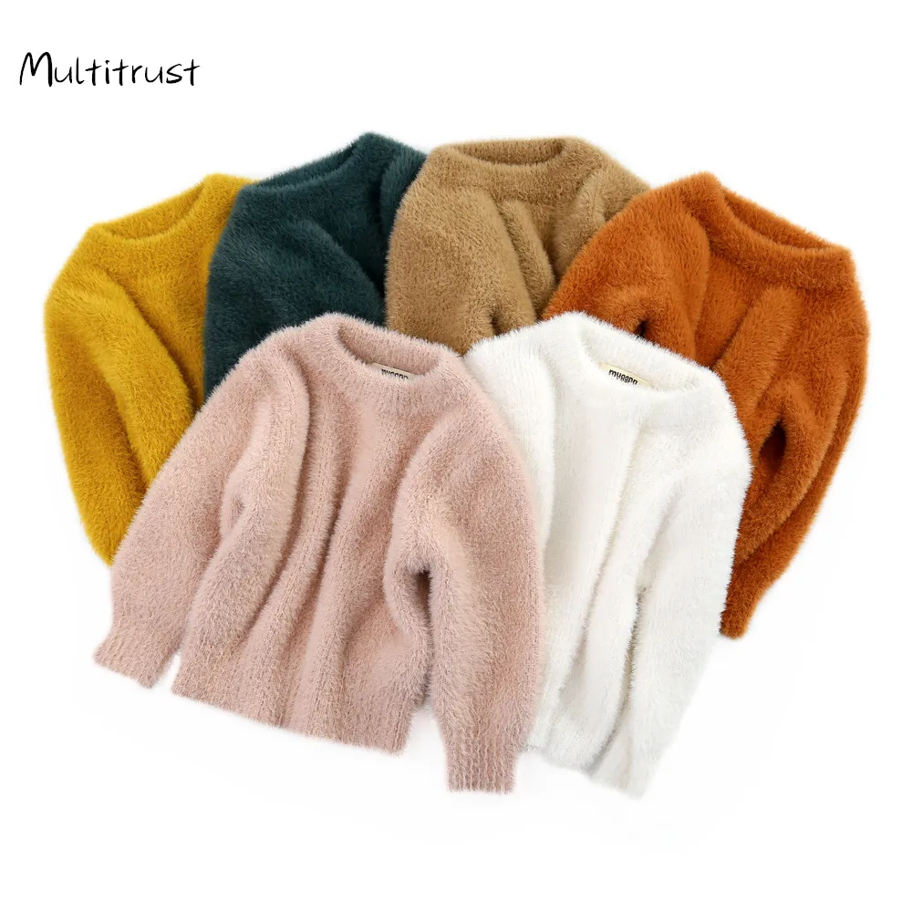 

2020 Autumn Winter Kids Girls Fur Sweater Tops 0-5Y Long Sleeve Pullover Solid Warm Sweater Outfits 6 Colors
