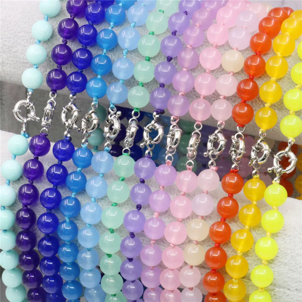 

10mm Round Multicolor Blue Purple Pink Yellow Orange Green Jades Chalcedony Stone Necklace DIY Natural Women Girl Jewelry Making
