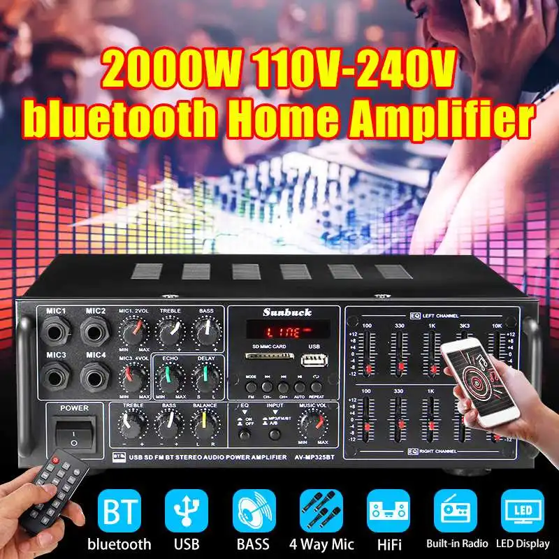 2000 Вт 110-240 в bluetooth усилитель мощности система звука аудио стерео приемник Поддержка USB FM SD bluetooth 4 микрофонный вход