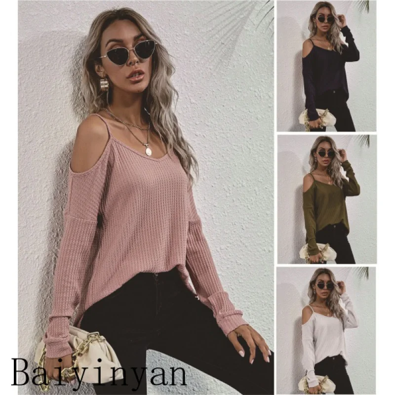 

Autumn Crew Neck Pullover off-the-Shoulder Braces Long Sleeve Loose Solid Color CasualTT-shirt
