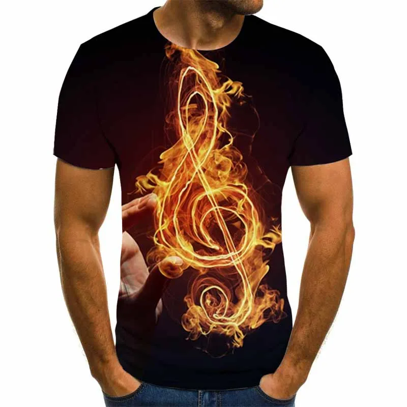 

2021 New Fashion Personality 3D Digital Printing Men Short-Sleeved T-shirt Music Note Lce Fire Loose Casual Round Neck Tops