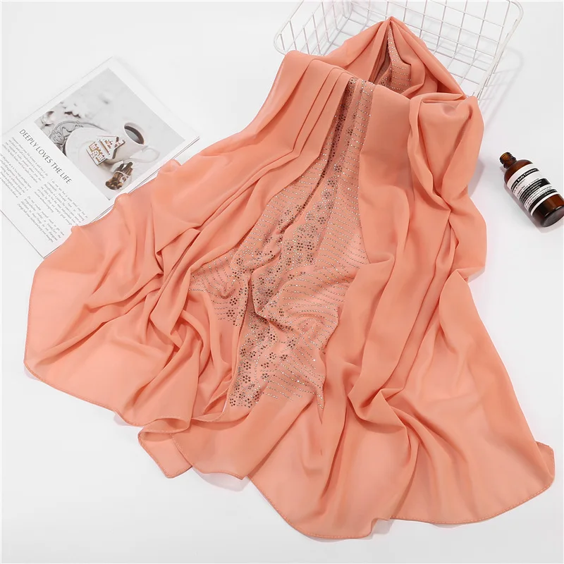 

Long Scarves Plain Bubbles Chiffon Hijab Scarf Women Shawl With Diamond Glitter Gold Head Scarf Solid Color Muslim Wraps Hijab