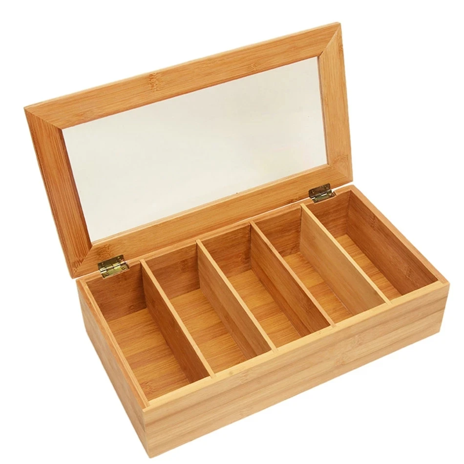 

Tea Bag Storage Box Transparent Lid Bamboo Organizer Box Bags With 5 Separate Compartments For Storing Tea Bags Sugar Packets