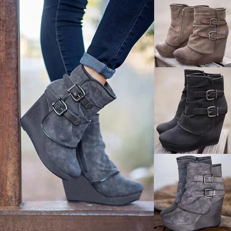 

Fashion Women Casual Shoes Winter Platform Wedge Ankle Boots Height Increasing Flock Sneakers Warm Snow Boots