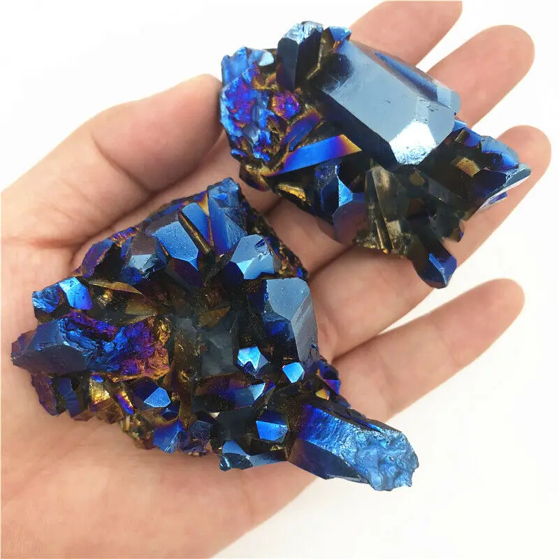 Синий аура кристалл кварца кластер Радуга Титана камни лечебные украшения