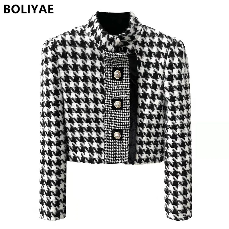 

Boliyae Tweed Thousand Bird Lattice Coat Ladies Elegant 2021 Fall Winter New Fashion Leisure Short Woolen Jacket Female Cashmere