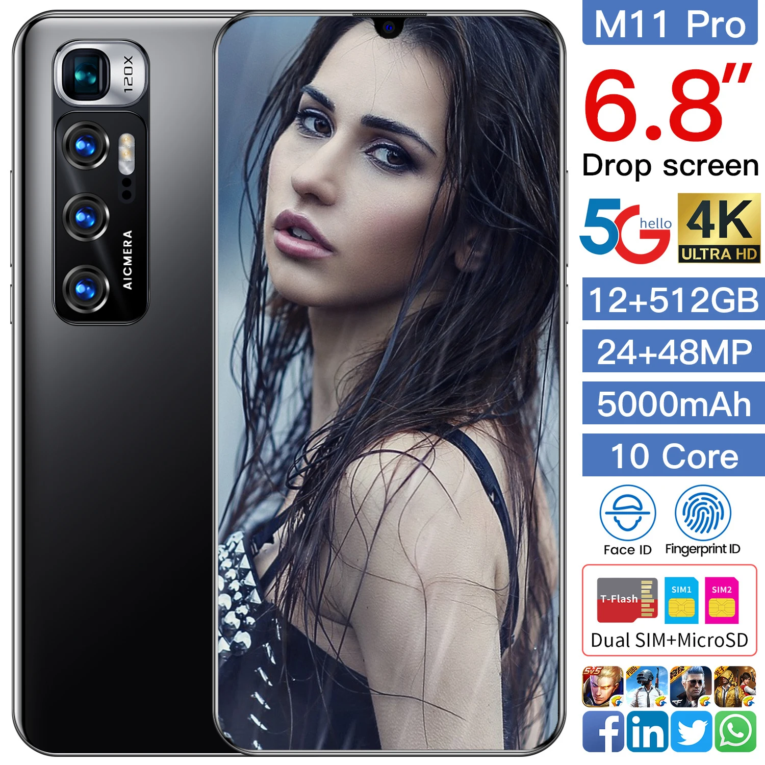 

2021 Hot Sale Global Version M11 Pro Game Smartphone 6.8 Inch HD Screen Snapdragon 888 12GB 512GB 24MP 48MP Face ID 10 Core