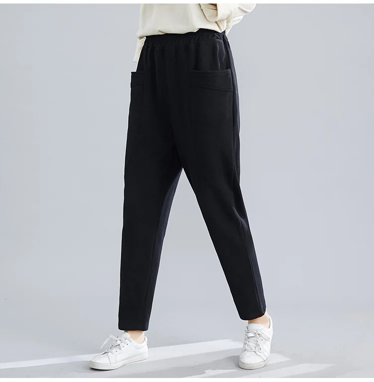 

All-match casual trousers harem pants autumn and winter new products stitching thickening plus velvet elastic pants women