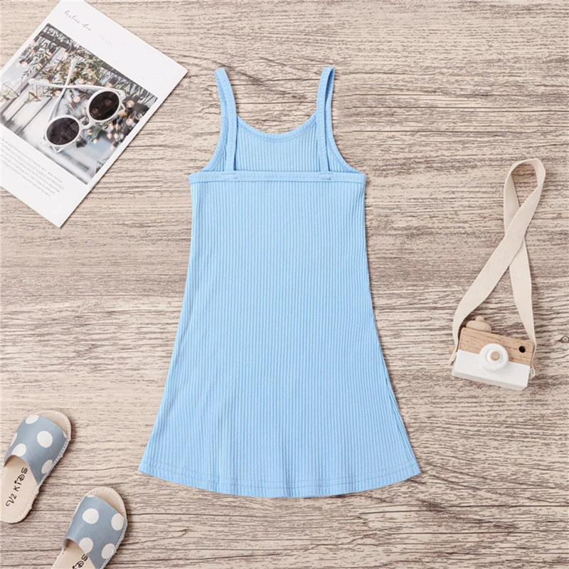 

2-7Years Children Girls Summer Cotton Slip Dress,Baby Girls Casual Solid Color Ribbed Spaghetti Strap Backless Slit Brace Skirt