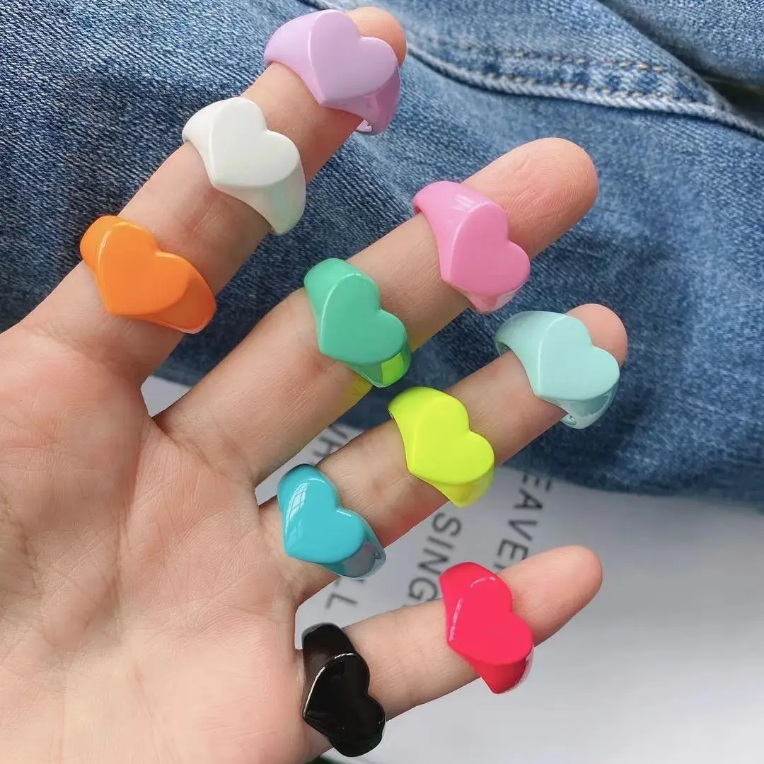 

10PCS, 2021 New Colourful Geometric Heart Rings for Women Jewelry Party Gifts